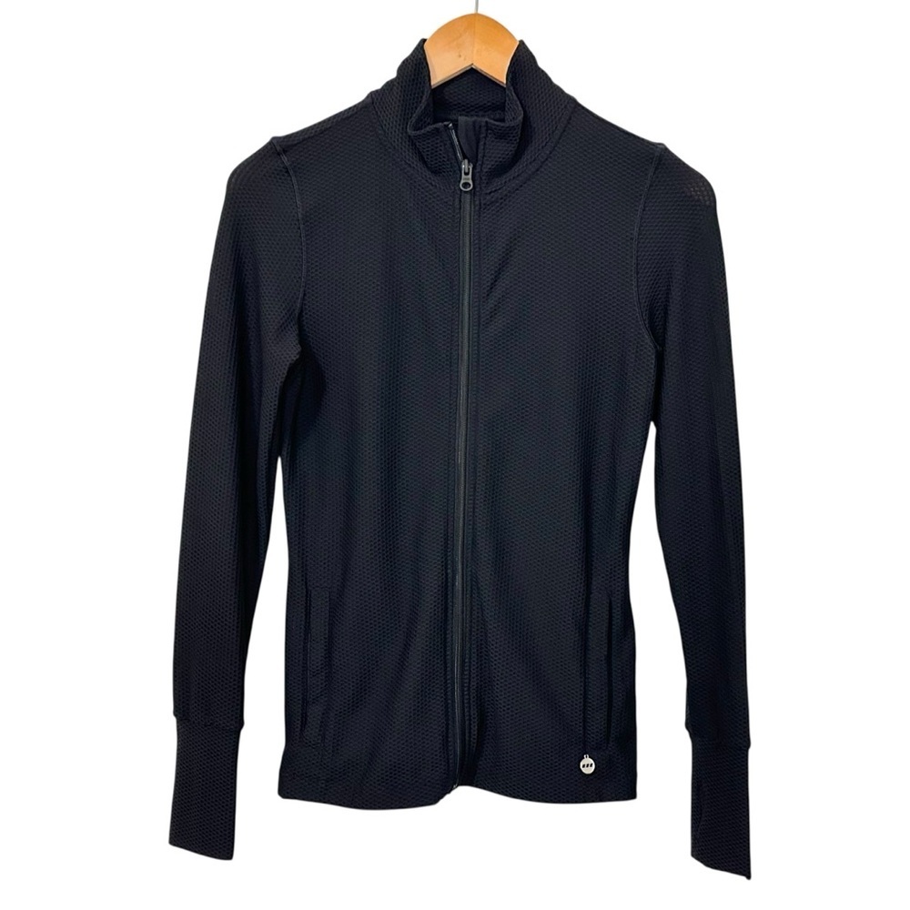 Lorna Jane Womens Athletic Full Zip Jacket Sz Small Black Mesh Trim Thumbholes